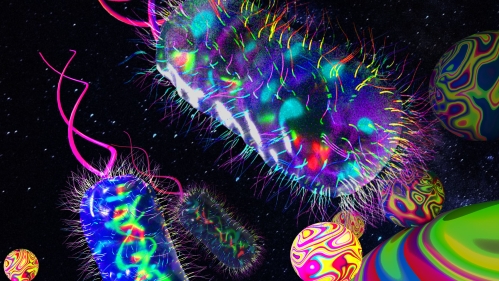 Colorful bacterial cells trapped in a 3D microbead matrix 