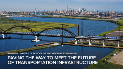Rendering of a bridge spanning a river with a Amtrak train crossing. The New York City skyline is in the background.