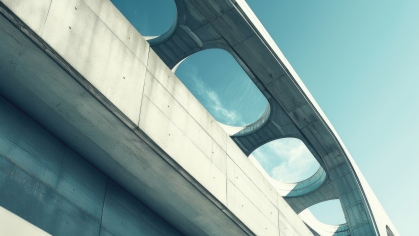 A view from underneath a bridge, showing its arch and the clear blue sky above