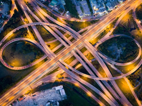 Aerial view of circular highway on-off ramps.
