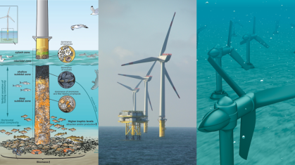 Three photos side-by-side of ocean wind turbines.