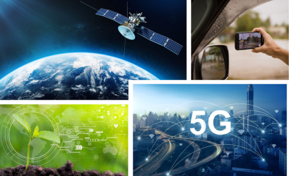 Four images in one larger composite showing a satellite, smart pone, wind energy, and a road scape.