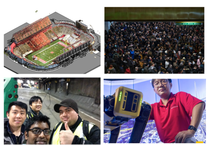 Composite of four images that show a football stadium, crowded train station, group of people at an airport, man in red shirt with a robotic dog.