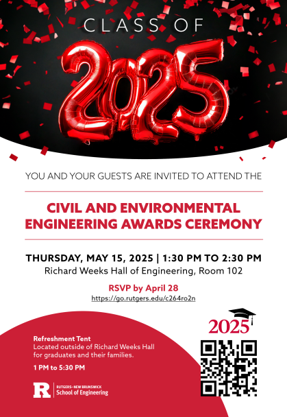 Red confetti with red Class of 2025 mylar red balloons invitation for Civil and Environmental Engineering Awards Celebration.